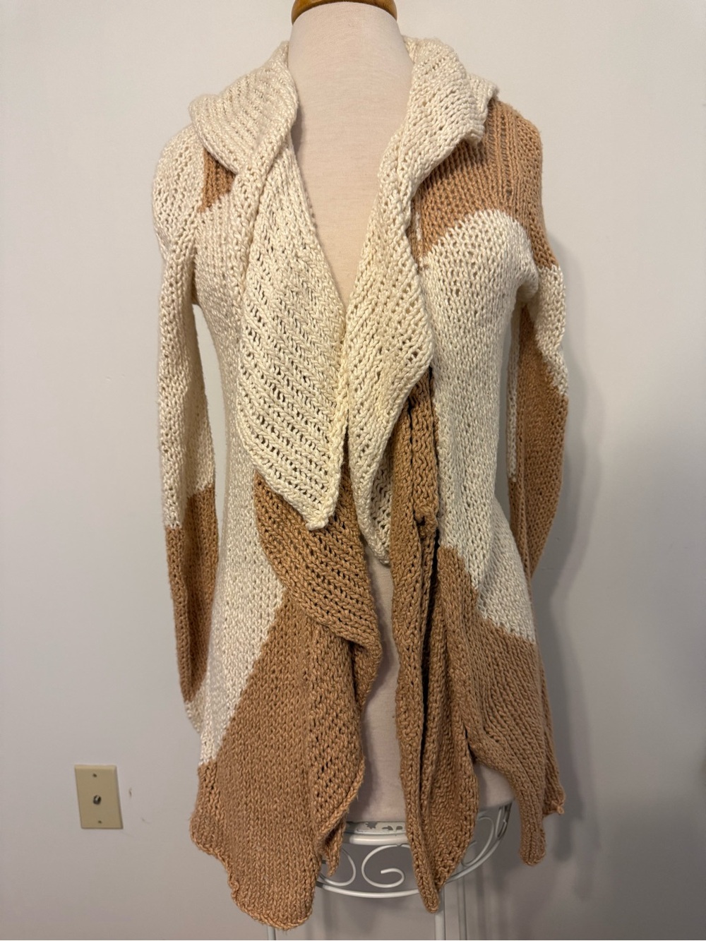 Women's Open-Front Colorblock Knit Cardigan Jacket - Cream & Tan